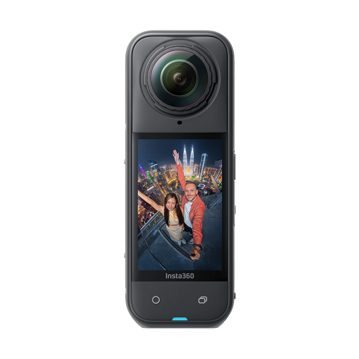 Insta360 X5, vista frontal con pantalla y lente 360